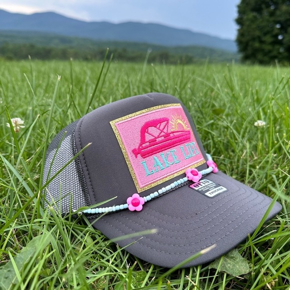 NEW “lake Life” SnapBack / trucker hat- Gray, Pinkand turquoise patch hat - Picture 2 of 3